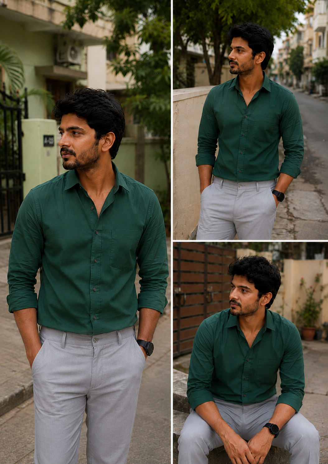 Bottle Green Shirt & Lite Grey Pant Combo